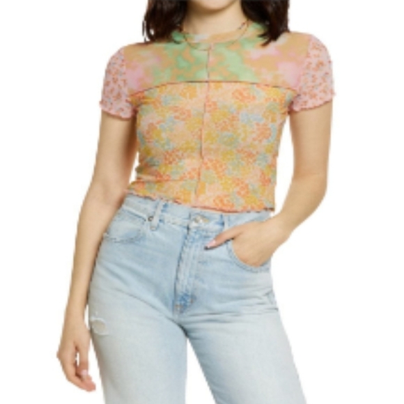 bp Tops - BP Pink Multi Patchwork Mesh Top